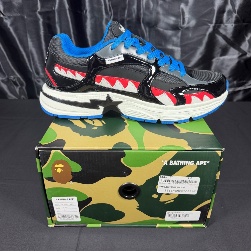 A Bathing Ape Bape Shark Sta #3 Black Blue Red Sneakers 1L30191321 Mens 12 NEW